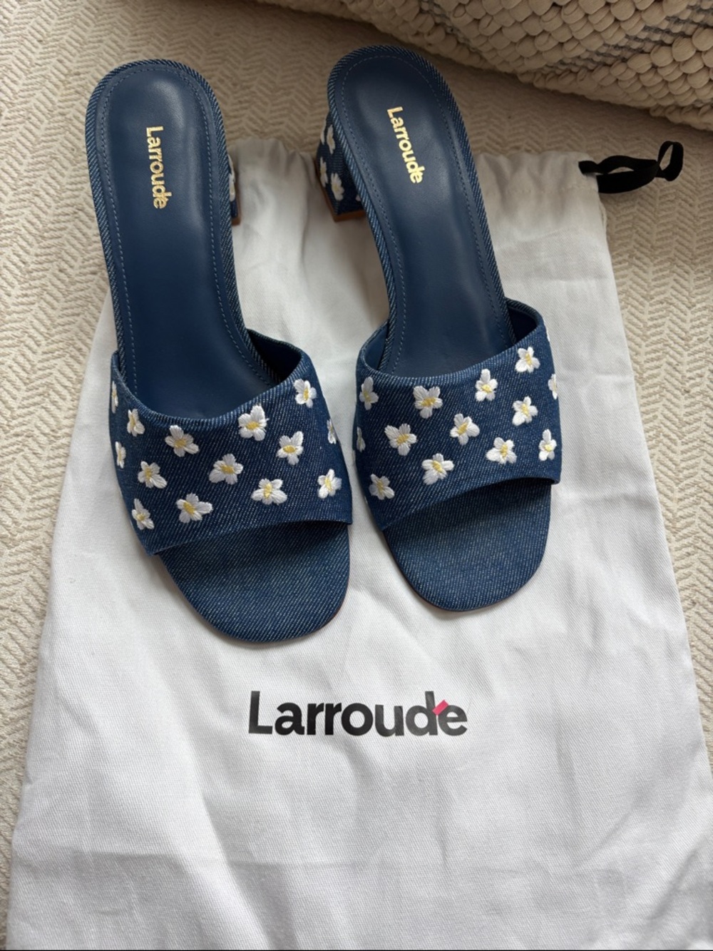 Larroude Navy Denim Daisy Embroidered Mules